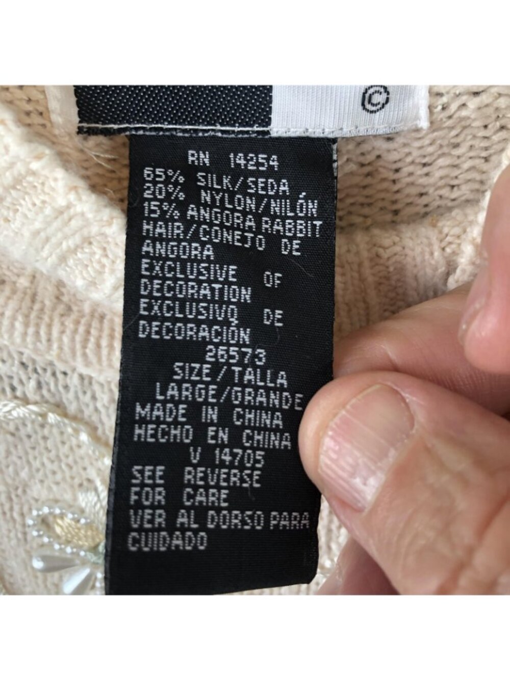 Vintage Beldoch Popper Sweater Tunic Womens L Cream Silk Angora Beaded Floral - Picture 6 of 16